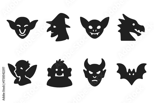 Fantasy Creature Icons. Solid, filled icon set of fantasy creatures with pointed noses: goblin, witch, gremlin, dragon, pixie, troll, demon, bat. Solid, filled
