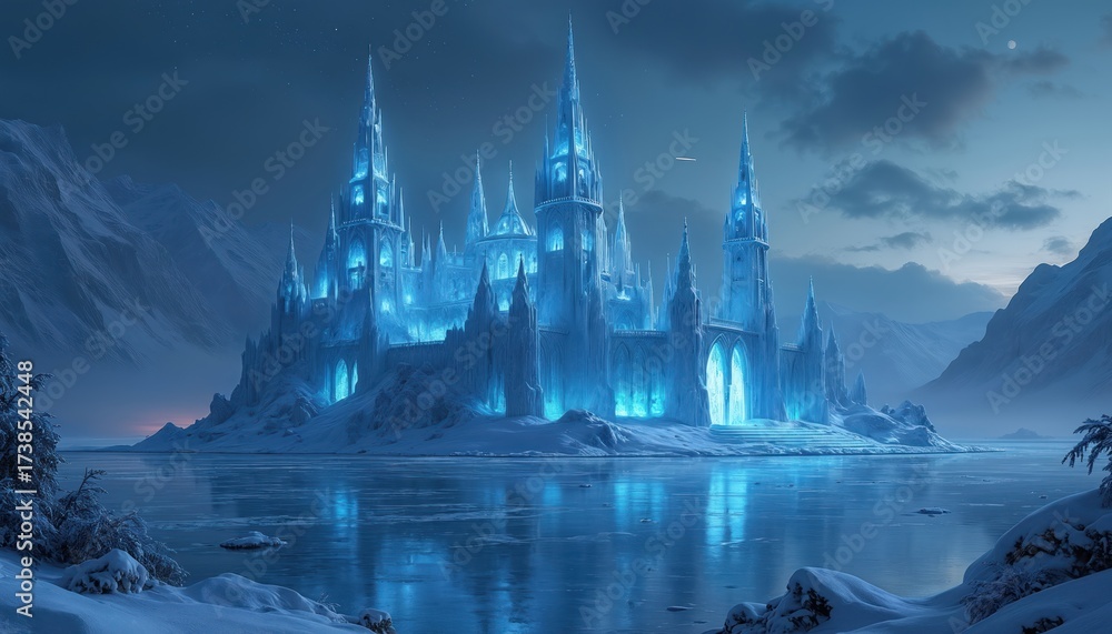 Fototapeta premium Icy castle glows at night on frozen winter lake. Mountains surround majestic fantasy architecture under cloudy sky. Fairytale winter background. Cold weather season concept. Great for Christmas