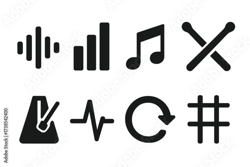 Battle Rhythm Icons. Solid, filled icon set of battle rhythm symbols: sound waves, rhythm bars, music notes, drumstick crossing, metronome, pulse icon, rhythm