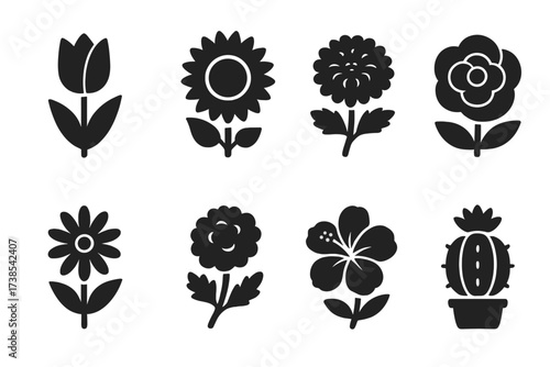 Seasonal Flower Icons. Solid, filled icon set of flower types by season: spring tulip, summer sunflower, autumn chrysanthemum, winter camellia, perennial