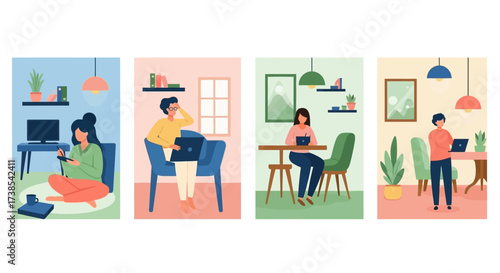 Diverse individuals working remotely from various comfortable and cozy home and cafe environments using laptops and electronic devices