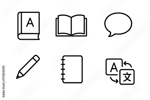 Language Tools Icons. Outline icon set of language homework: dictionary, book, speech bubble, pencil, notebook, headphones, microphone, translation icon. Line