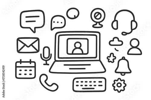 Communication Tools Icons. Hand-drawn doodle illustration Laptop communication tools laptop, video call icon, chat bubble, microphone, webcam, headphones,