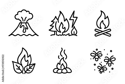 Fire Nature Icon Set. Outline icon set of fire in nature: volcano eruption, wildfire, lightning strike, campfire, burning leaves, smoldering coal, ember,