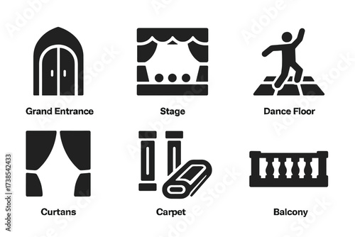 Banquet Hall Icons. Solid, filled icon set of banquet hall: grand entrance, stage, dance floor, curtains, columns, carpet, ceiling fan, balcony. Solid, filled