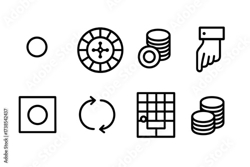 Roulette Icons Collection. Outline icon set of roulette mechanics: roulette ball, wheel divisions, betting chips, dealer hand, winning number, ball path,