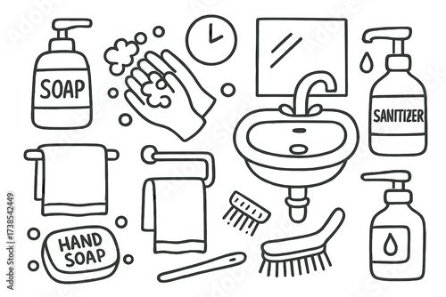 Handwashing Essentials Doodle. Hand-drawn doodle illustration handwashing routine soap dispenser, hand, bubbles, sink, faucet, towel, water droplet, sanitizer
