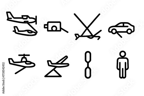 Glider Launch Icons. Solid, filled icon set of glider launch methods: aerotow plane, winch launch, bungee launch, car tow, self-launch motor, hill launch, tow