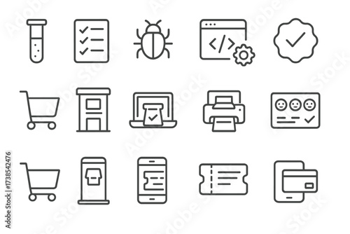 Outline Icon Collection. Outline icon set of software testing: test tube, checklist, bug report, automation script, test case, stopwatch, quality assurance,
