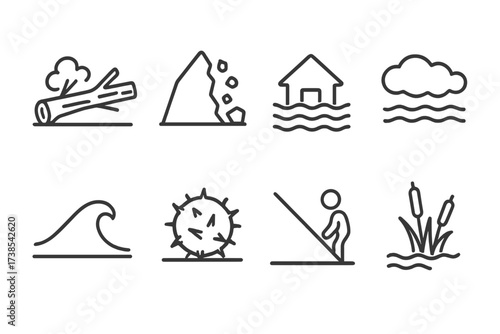 Environmental Obstacle Icons. Outline icon set of environmental obstacles: fallen tree, rockslide, river flood, thick fog, snow drift, thorn bush, steep hill,