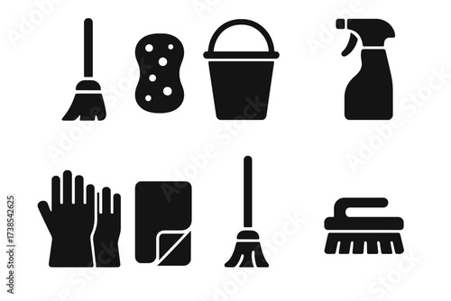 Purification Tools Icons. Solid, filled icon set of purification tools: broom, sponge, bucket, spray bottle, gloves, cloth, mop, brush. [Line icons in only