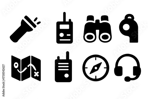 Watcher Equipment Icons. Solid, filled icon set of watcher equipment: flashlight, radio, binoculars, whistle, map, walkie-talkie, compass, headset. Solid,