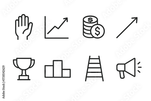 Raise Indicators Icons. Outline icon set of raise indicators: hand up, increasing graph, money pile, ascending arrow, trophy cup, podium, ladder, megaphone.