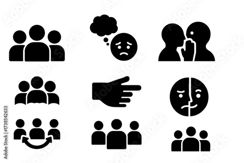 Peer Pressure Icons. Solid, filled icon set of peer pressure: group of people, thought cloud, worried face, crowd silhouette, push hand, whispering, conflicted