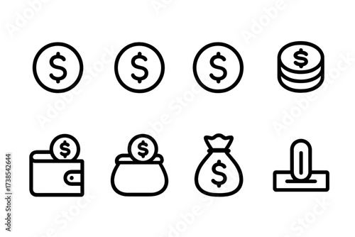 Currency Icon Set. Outline icon set of currency tokens: gold coin, silver coin, bronze coin, token stack, wallet coin, token purse, money bag, coin slot. Line