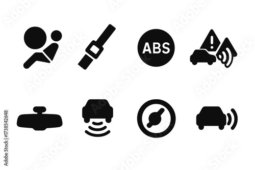Luxury Car Safety Icons. Solid, filled icon set of luxury car safety: airbags, seatbelt, ABS, collision warning, rearview mirror, parking sensor, emergency