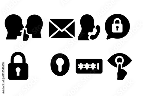 Confidential Communication Icons. Solid, filled icon set of confidential communication: whispering, sealed letter, private phone call, secure chat, lock,