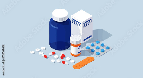 Various types of medical supplies including pills capsules bottles and bandages displayed on a light blue background