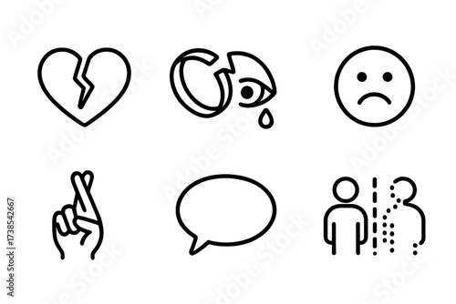Relationship Loss Icons. Outline icon set of losing in relationships: broken heart, split ring, crying eye, sad face, crossed fingers, empty speech bubble,