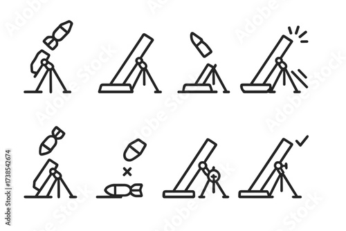 Mortar Firing Icon Set. Outline icon set of mortar firing actions: loading shell, aiming, firing, recoil, reload, misfire, sight adjustment, safety check. Line