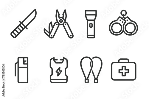 Combat Tool Icons. Outline icon set of combat tools: tactical knife, multi-tool, flashlight, handcuffs, pepper spray, stun gun, zip ties, first aid kit. Line