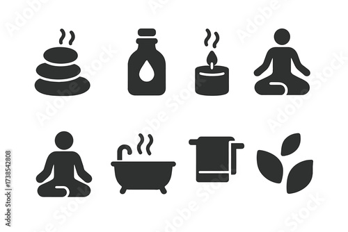Aroma Relaxation Icons. Solid, filled icon set of aroma relaxation and wellness: spa stones, massage oil bottle, scented candle, yoga pose, meditation, bath