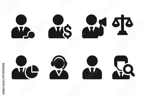 Collection Participants Icons. Solid, filled icon set of collections participants: debtor, creditor, collector, lawyer, financial advisor, customer service,