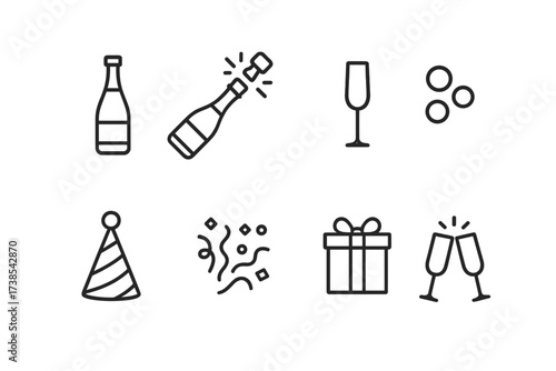 Champagne Celebration Icons. Outline icon set of champagne celebration: champagne bottle, popping cork, flute glass, bubbles, gift box, party hat, confetti,