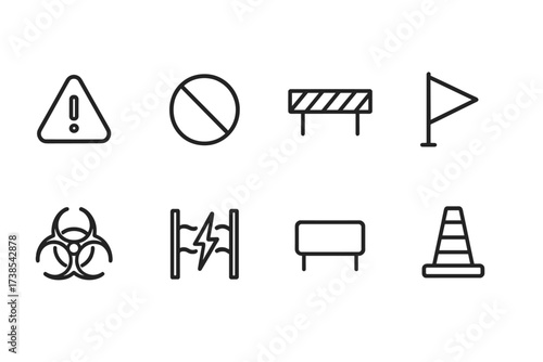 Mine Warning Icon Set. Outline icon set of mine warning signs: danger sign, no entry sign, warning tape, caution flag, hazard symbol, electric fence, perimeter