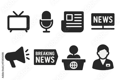 News Media Icons. Solid, filled icon set of news presentation: TV screen, radio microphone, newspaper headline, news ticker, breaking news banner, loudspeaker,