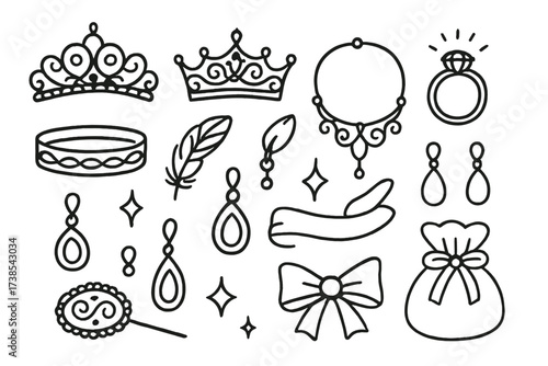 Ornate Jewelry Doodles. Hand-drawn doodle illustration ornate adornment tiara, crown, necklace, ring, bracelet, earrings, pendant, charm, feather, ribbon,