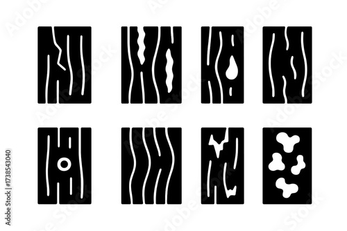 Wood Damage Icons. Solid, filled icon set of wooden wall damage types: crack, termite damage, rot spot, water stain, nail hole, warp, chipped paint, mold