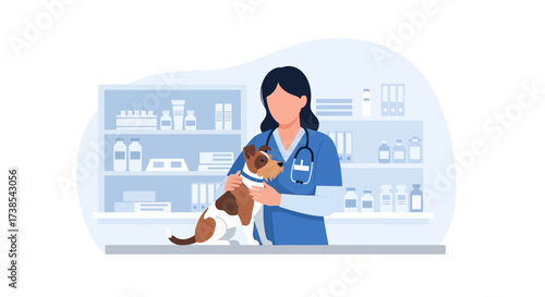 Veterinarian holding a small dog in a clinic with shelves of medicine and supplies in the background a professional medical practice caring for animal health and wellness