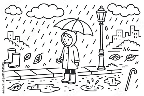 Rainy Day Doodle. Hand-drawn doodle illustration Quiet moment in the rain person with umbrella, raindrops, puddles, rain boots, wet leaves, raincoat, street