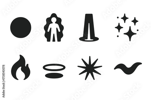 Blessing Energy Icons. Solid, filled icon set of blessing light and energy: glowing orb, aura, light beam, sparkles, flame, halo, starburst, energy wave.