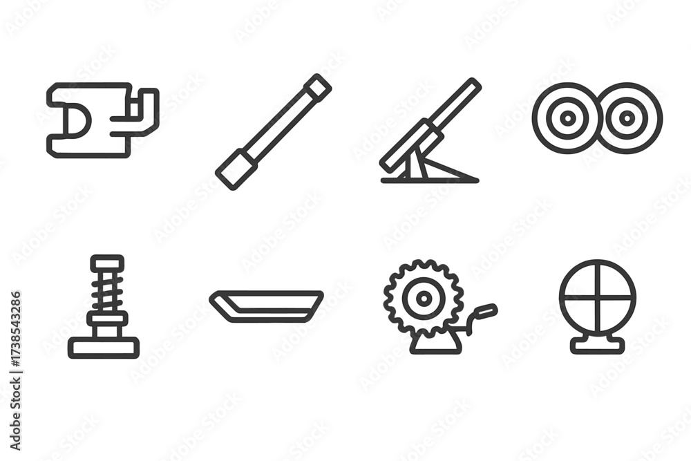 Fototapeta premium Howitzer Components Icons. Outline icon set of howitzer components: breech, barrel, carriage, wheels, recoil system, loading tray, elevation mechanism,