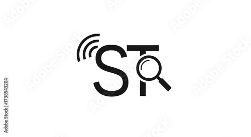 Conceptual logo design featuring letters 'ST' with a search icon, representing digital technology