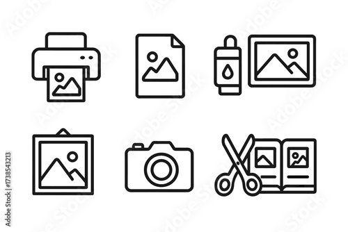 Photo Printing Icons. Outline icon set of photo printing: printer, photo paper, ink cartridge, print preview, photo frame, camera, scissors, photo album. Line