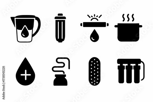 Water Purification Icons. Solid, filled icon set of water purification: filter pitcher, water filter, UV purifier, boiling pot, chlorine drop, distiller,