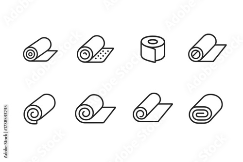 Rolled Health Icon Set. Outline icon set of rolled health items: rolled bandage, rolled gauze, rolled medical tape, rolled splint, rolled cast, rolled blanket,