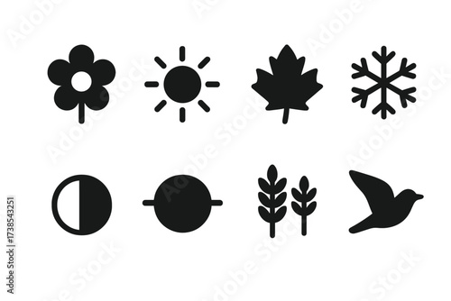 Seasonal Cycle Icons. Solid, filled icon set of seasonal cycles: spring bloom, summer sun, autumn leaf, winter snowflake, equinox, solstice, seasonal harvest,