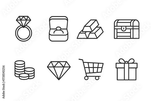 Luxury Icon Set. Outline icon set of luxury items: diamond ring, jewelry box, gold bars, treasure chest, gold coins, diamond, shopping cart, gift box. Line