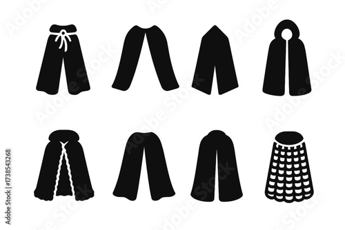 Cape Materials Icons. Solid, filled icon set of cape materials: velvet cape, silk cape, leather cape, wool cloak, fur-trimmed cape, satin cape, cotton cloak,