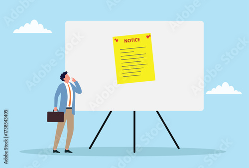 Vector illustration of a businessman reading a notice board, symbolizing announcement, important updates, official information, communication, and public notification
