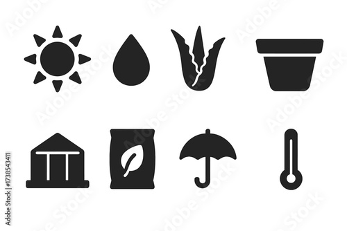 Aloe Vera Care Icons. Solid, filled icon set of aloe vera environmental needs: sun, water drop, soil, pot, greenhouse, fertilizer, shade, temperature. Solid,