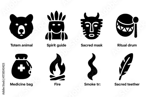 Shamanic Spirit Icons. Solid, filled icon set of shamanic spirits: totem animal, spirit guide, sacred mask, ritual drum, medicine bag, fire flame, smoke trail,