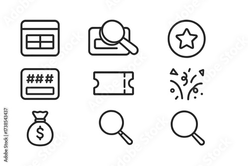 Scratch Card Icon Set. Outline icon set of scratch card: scratch card, coin scratching, prize symbol, winning numbers, ticket, confetti, money bag, magnifying