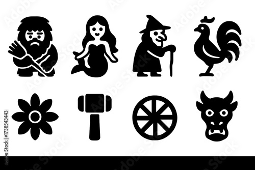 Slavic Folklore Icons. Solid, filled icon set of Slavic folklore: domovoi (house spirit), rusalka (water nymph), baba yaga (witch), firebird, kupala flower,