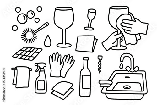 Wine Glass Cleaning. Hand-drawn doodle illustration wine glass cleaning wine glass, soap bubbles, brush, cloth, drying rack, water droplet, gloves, sink,
