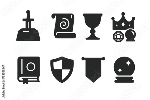 Castle Artifact Icons. Solid, filled icon set of castle artifacts: sword in stone, magic scroll, goblet, crown jewels, ancient book, shield emblem, banner,